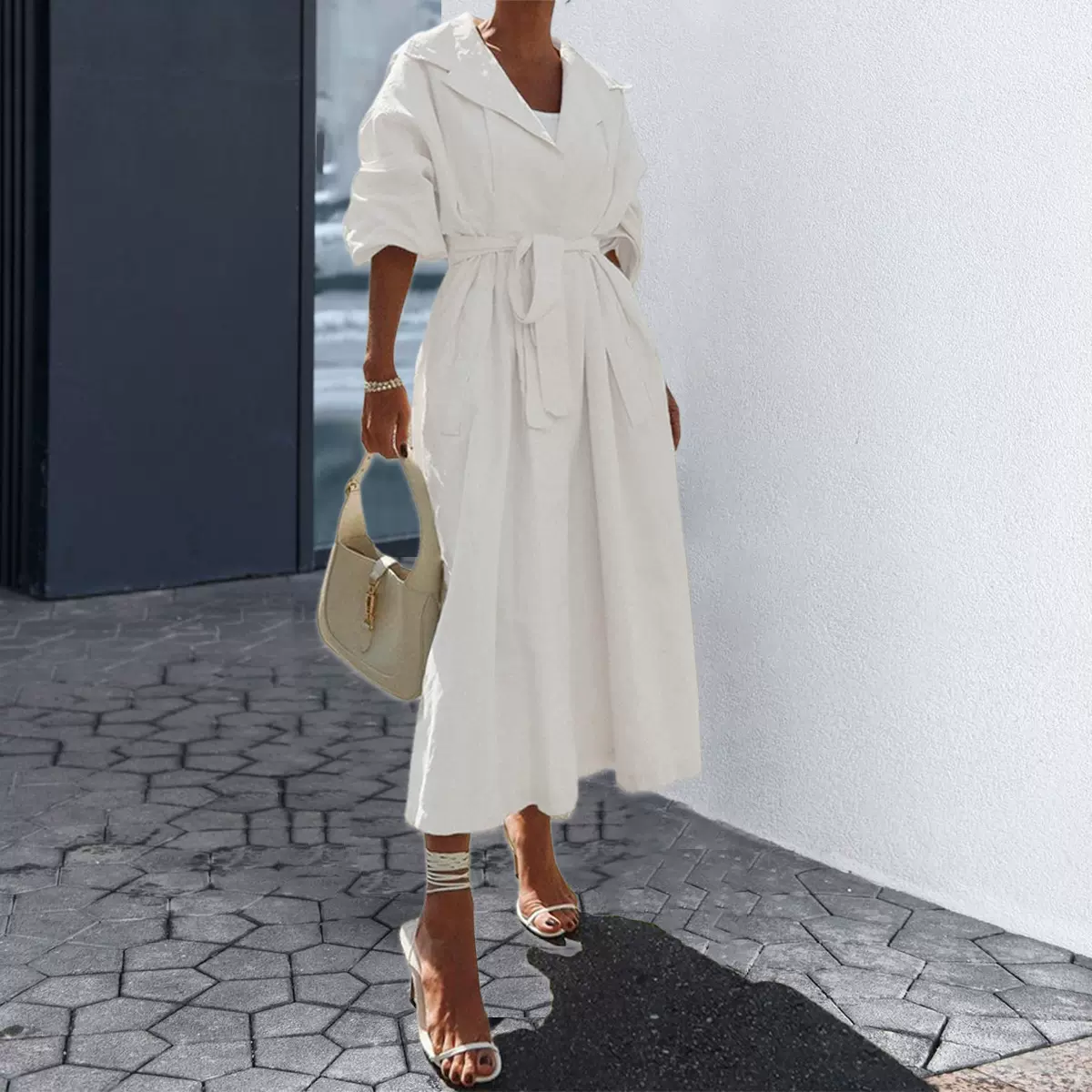 现货2025欧美秋冬新款跨境女装时尚气质长袖纯色中长款风衣外套