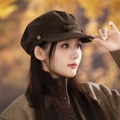 四季款复古海军风帽子高级感麂皮绒平顶报童帽女生韩系百搭画家帽