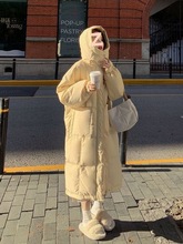 奶fufu淡黄色羽绒服女中长款2025冬季新款连帽加厚过膝小个子外套