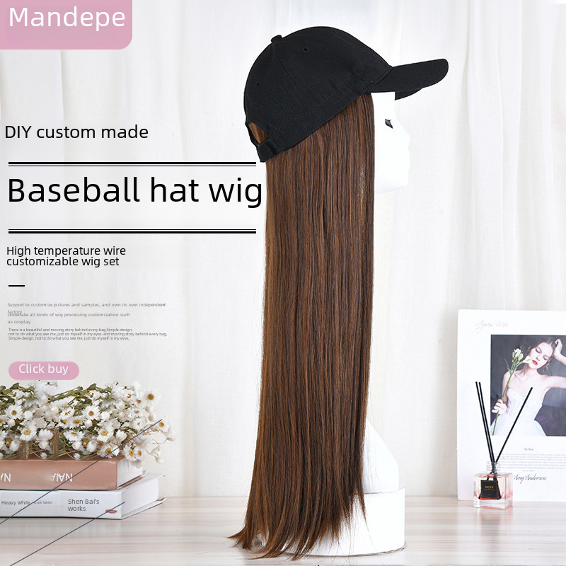 Wig female cap hat Korean fashion travel sweet long straight hair chemical fiber high temperature silk wig headgear