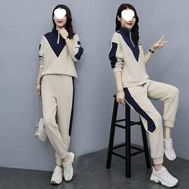 休闲时尚运动套装女2021春季新款宽松收腰显瘦拼接卫衣两件套洋气
