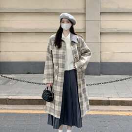 秋冬新款轻奢韩系大衣张极同款风衣拼接复古呢子长款毛呢大衣格子