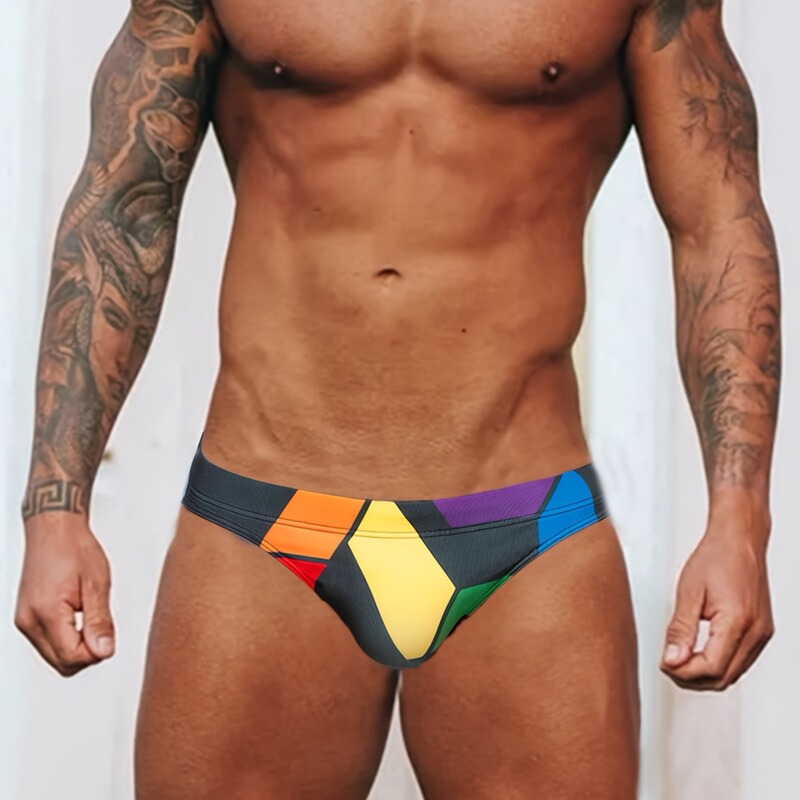 Cross-border foreign trade men's color block anti-light anti-embarrassment swimming beach triangle swimming trunks low waist sexy tight in stock Cross-border foreign trade men's color block anti-light anti-embarrassment swimming beach triangle swimming trunks low waist sexy tight in stock