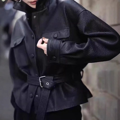 宋佳の同じ革の服のショートコートの女性2025春の新型は腰を収めてやせているジャケットの高級感があります。