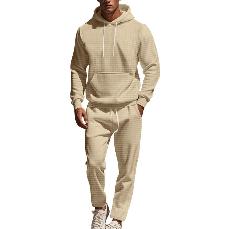 Men's Clothing heavy jacquard small square long sleeved trousers hooded suit _voghion.com