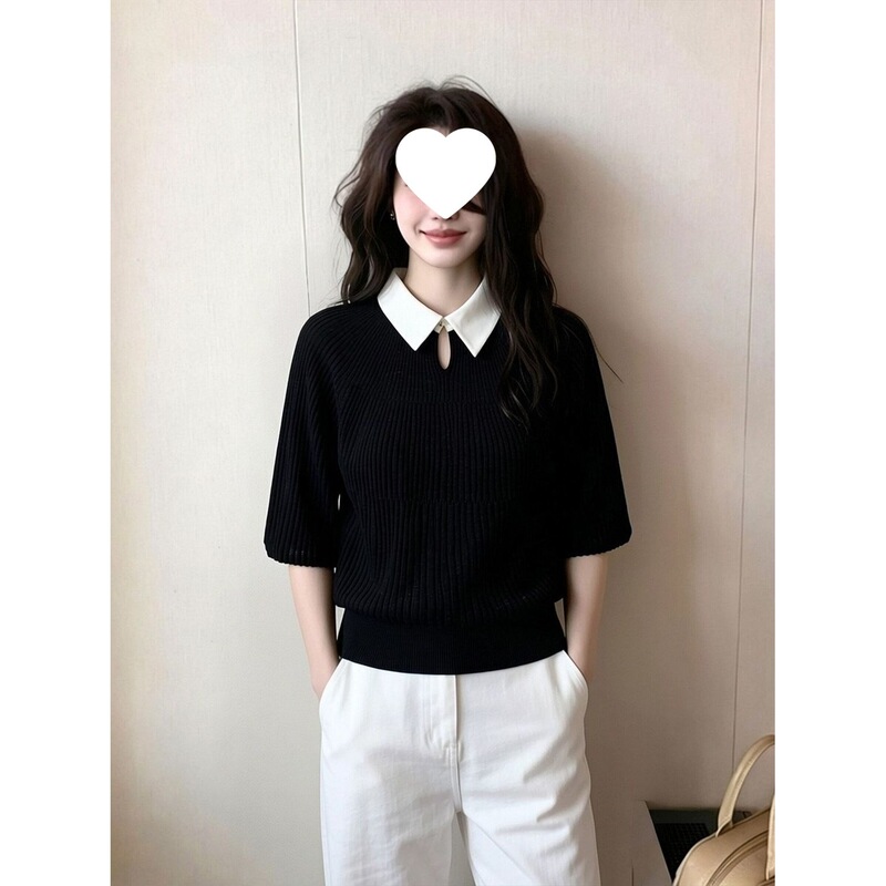 Plus-Size French-Style Color-Block Collar Knit Sweater for Women, 2026 Summer New Short-Sleeve Design with Hollow-Out Features