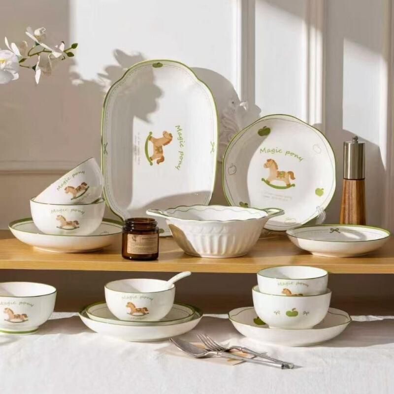Underglaze Colored Ceramic Tableware Set for the Year of the Horse, Including Household Rice Bowls, Noodle Bowls, Soup Bowls, Dinner Plates, Soup Plates, Fruit Plates, and Bowl and Plate Sets