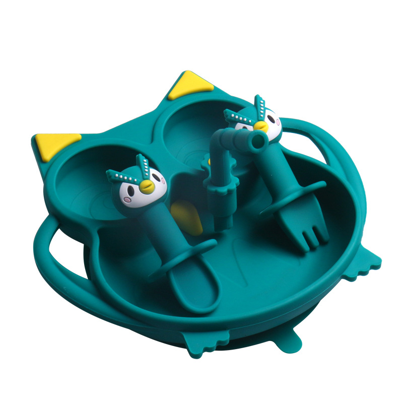 Nuevo producto silicona búho plato de comida para niños dibujos animados tazón de ventosa tazón de comida para bebé vajilla para bebés al por mayor