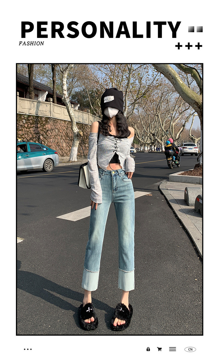 【中国直邮】HEY+JEANS 春季韩系翻边高腰显瘦九分裤 黑色 M