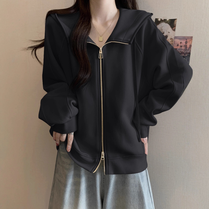 大码美式连帽卫衣外套女秋款胖mm宽松遮肚子双拉链开衫短款上衣|undefined