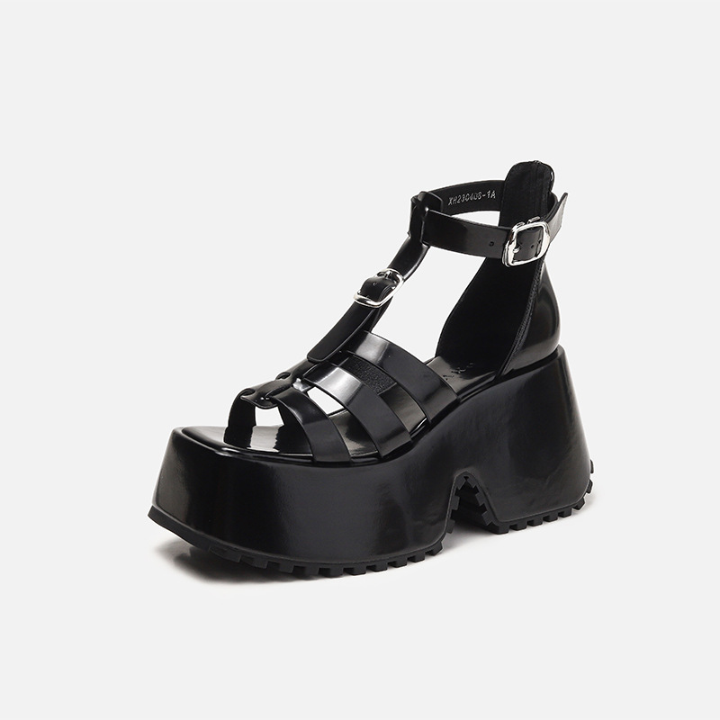 Giày sandal La Mã mũi vuông denim mới dành cho nữ, đế bệt, đế dày, sandal hở mũi tăng