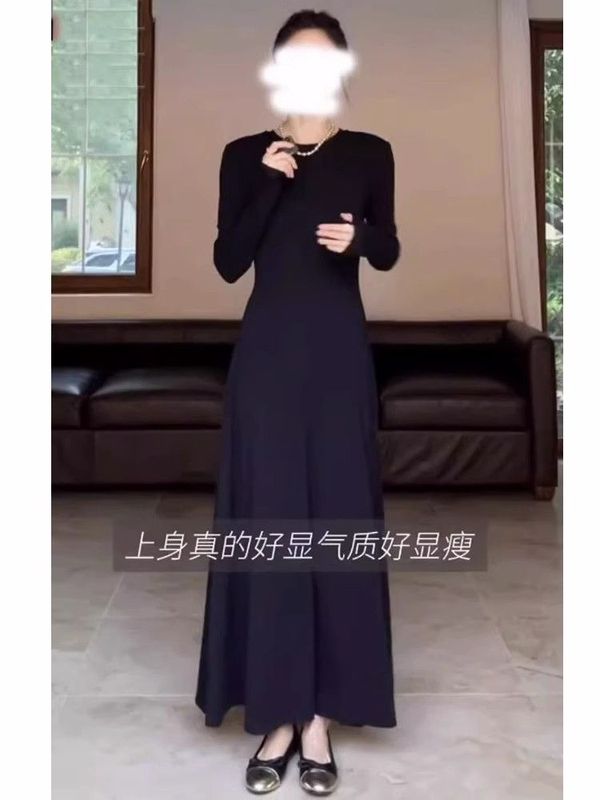 法式赫本风黑色裙长袖连衣裙女春秋时尚感遮肚子a字长裙子打底裙|undefined
