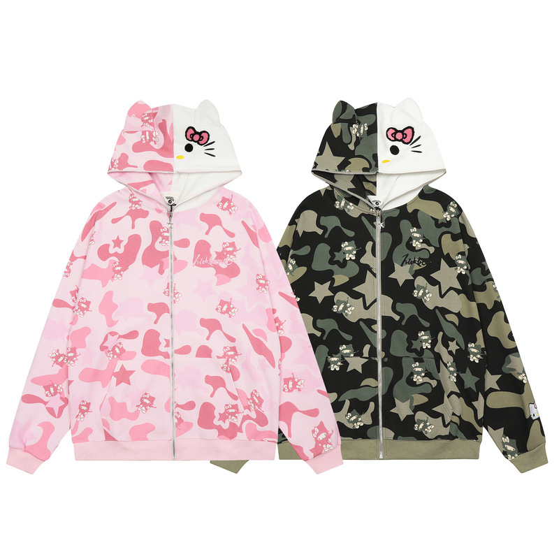 Cute Hello Kitty Hooded Sweatshirt Jacket for Women Spring & Fall 2025 New Fashion Brand Loose Casual Couple Baseball Uniform