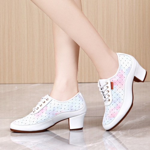 women female girls white leather latin jazz ballroom dance shoes, fashionable shoes dancing outdoor square dance woman sailor dance shoes