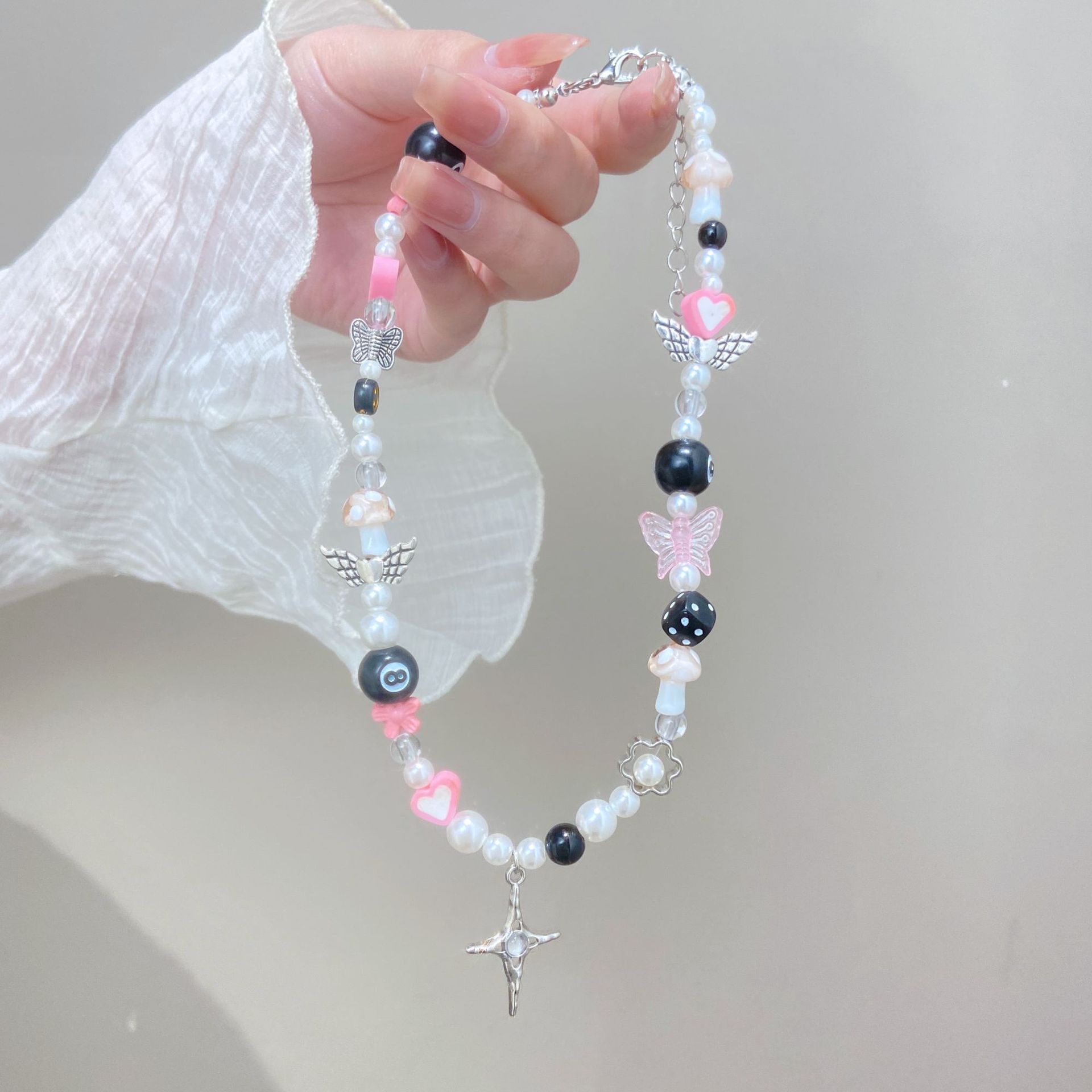 Collana con ciondolo a forma di farfalla, stella, croce, cuore e fiore in metallo Y2K, perle acriliche_voghion.com