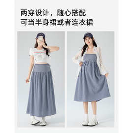 孕妇打揽格子裹胸连衣裙2026春夏外穿设计感褶皱托腹A字大摆长裙