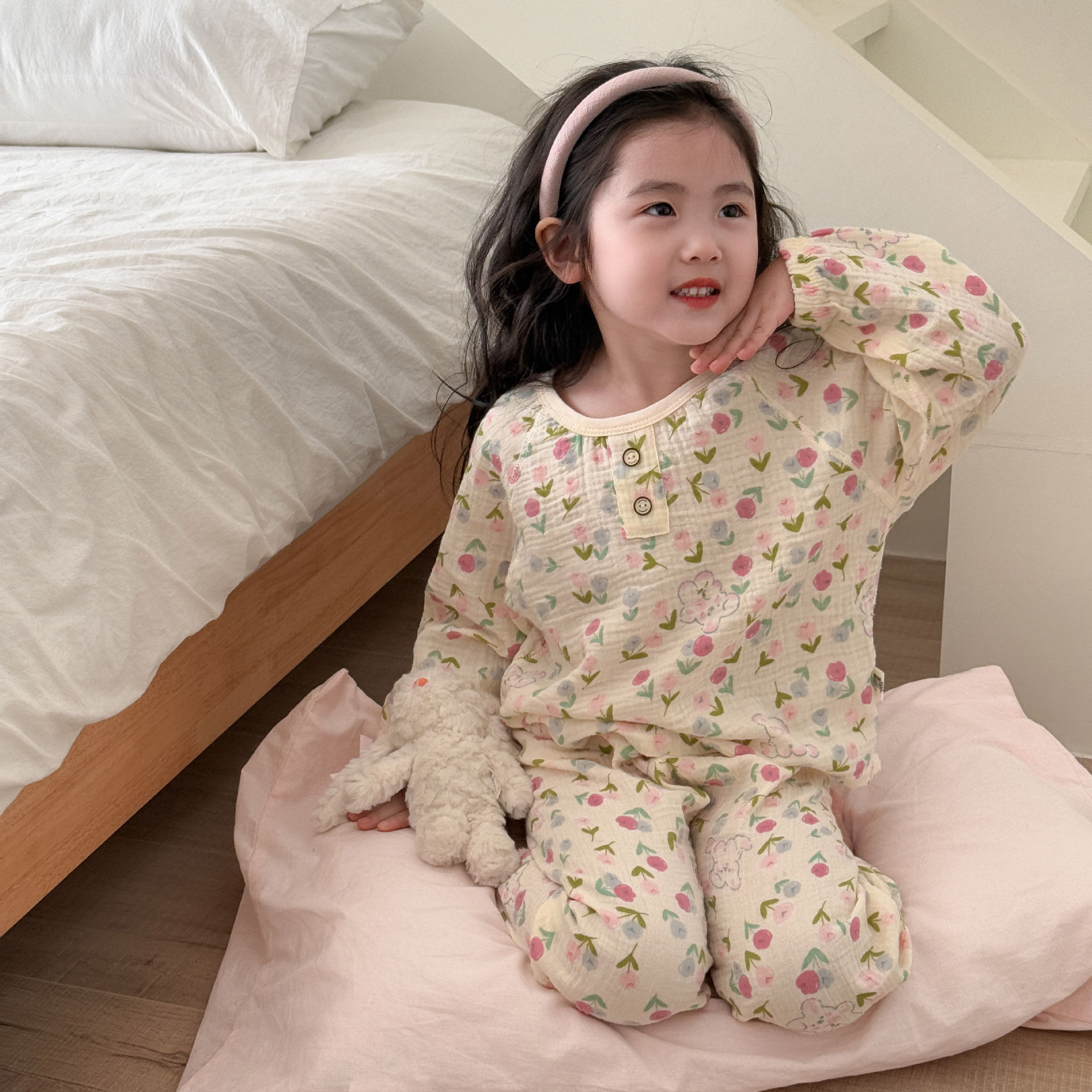 2025 New Children's Pure Cotton Gauze Pajamas Spring and Summer Cotton Gauze Home Clothes Girls' Loose Long-Sleeved Air-Conditioned Clothing