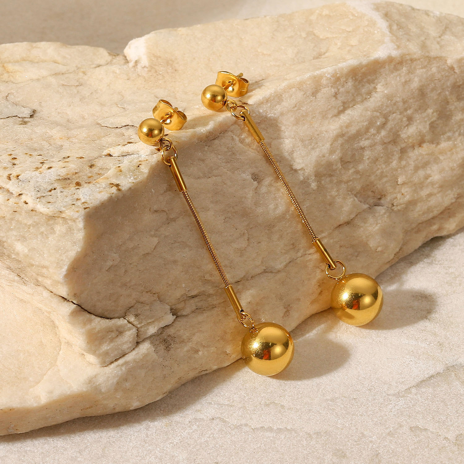 Fashion 18k Gold Long Small Golden Balls Stainless Steel Eardrops Earrings display picture 4