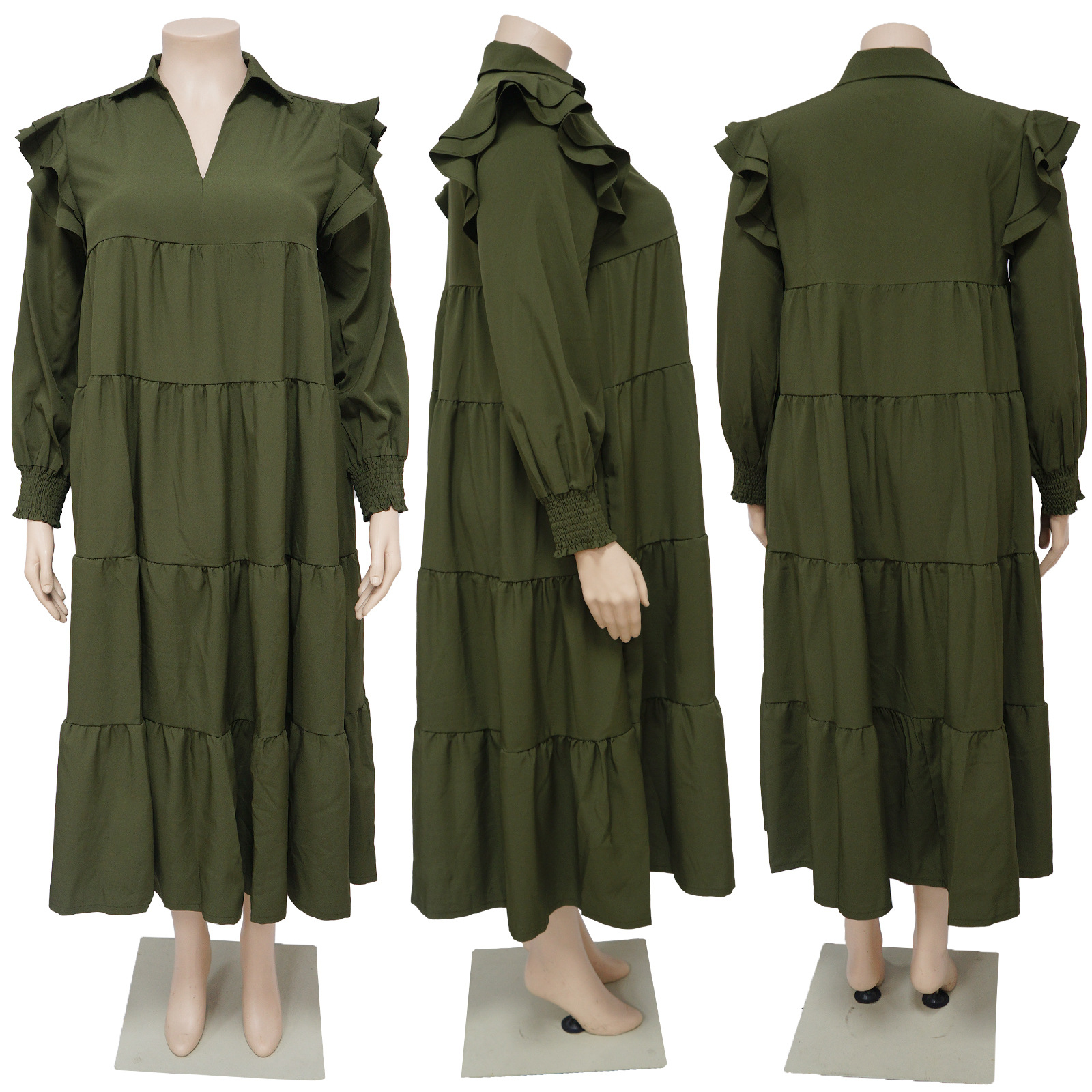 420g Weight Midi Dress Dress Length Type Wholesale Women'S Fashion Solid Color Holiday Turndown Long Sleeve Swing Dress