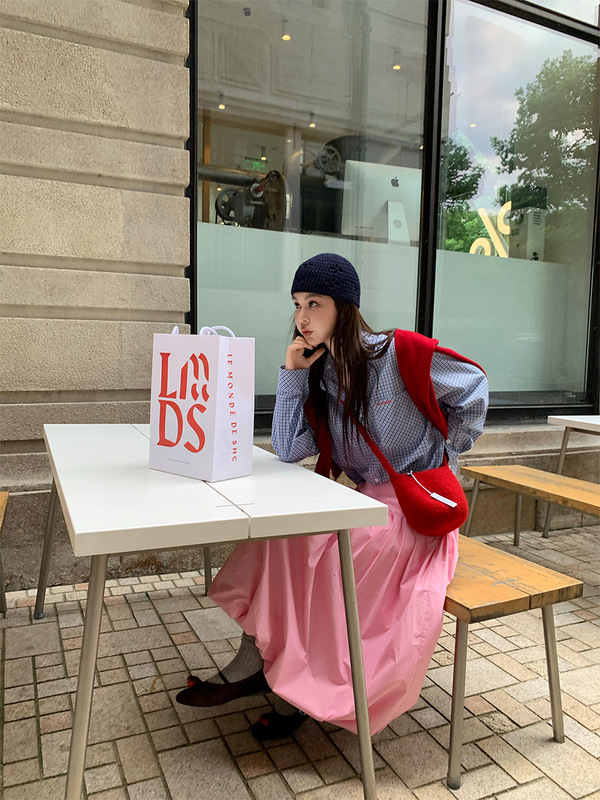 le rouge周美美 新学院主义蓝白格子可拆卸连帽翻领衬衫|undefined