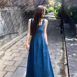 2026夏蓝雾之恋法式牛仔连衣裙女夏小众设计感收腰气质吊带长裙