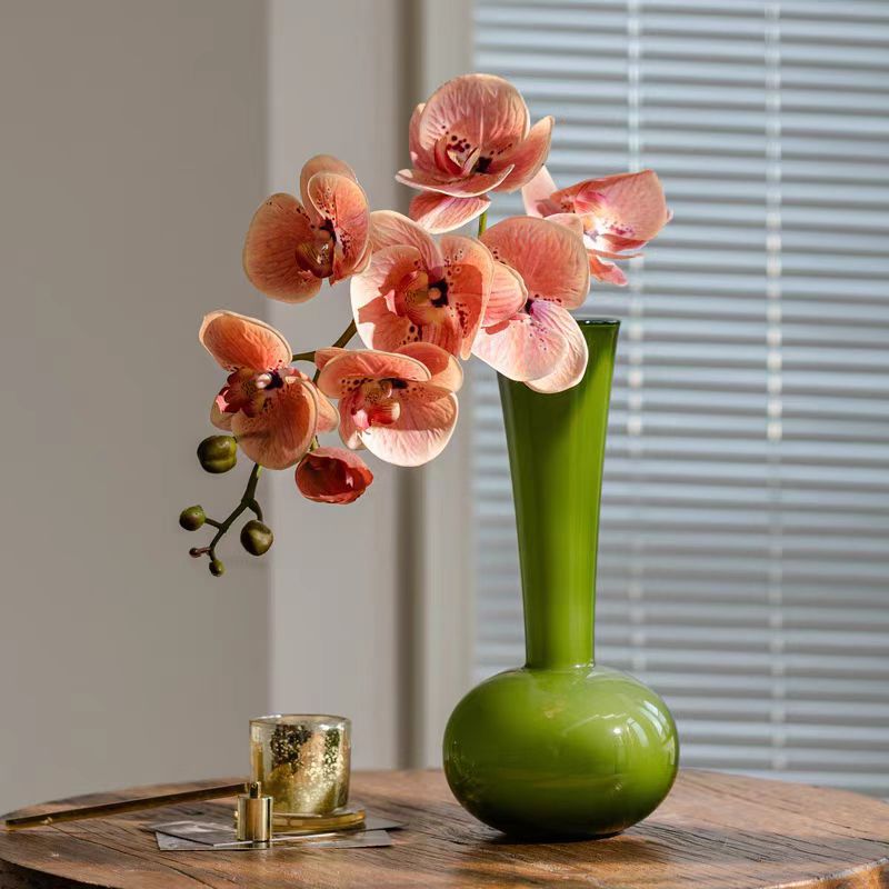 Jarrón de cristal vintage verde oliva y rojo, adorno de cristal creativo de estilo francés para arreglos florales de mesa de salón, arte floral de estilo retro.