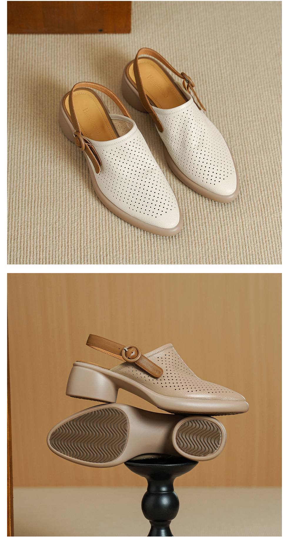 Sandal da dê nữ quai ngang mũi tròn gót vuông cao 7 cm — màu trắng ngà chi tiết 12