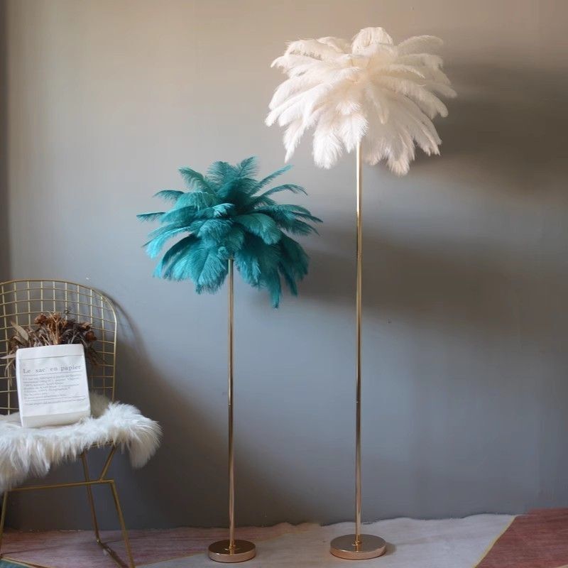 Internet Celebrity Feather Floor Lamp Wedding Guide Lamp Ostrich Feather Decoration Living Room Vertical Lamp Girly Heart Bedroom Bedside Lamp