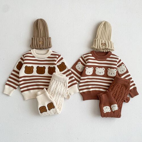 Infant autumn and winter clothing baby sweater cartoon striped sweater set newborn warm versatile tops and pants