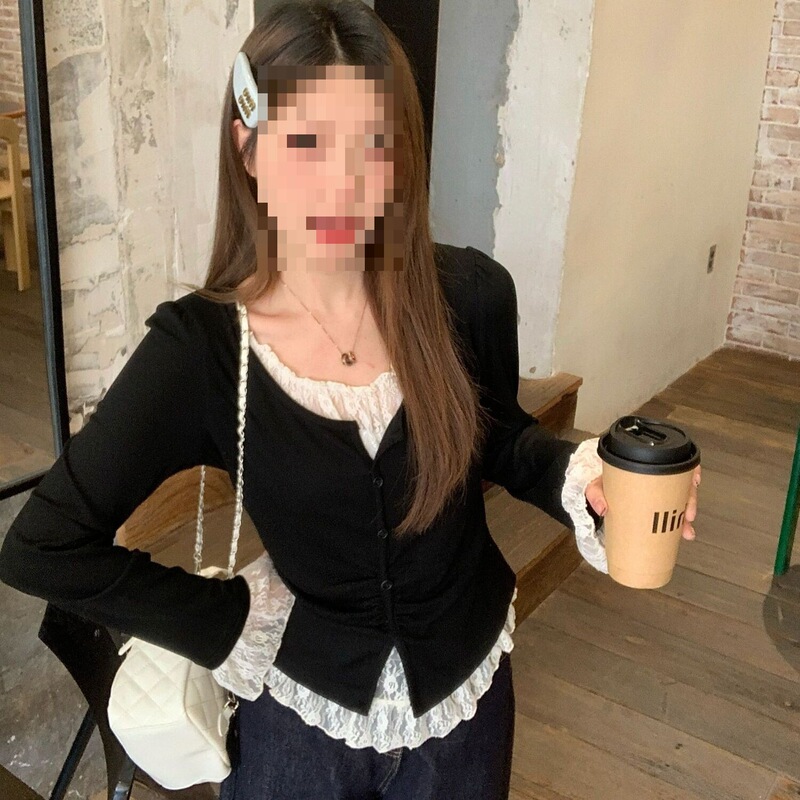 内搭拼接秋季假两件上衣穿搭蕾丝大码女装胖mm2025韩系打底衫T恤|undefined