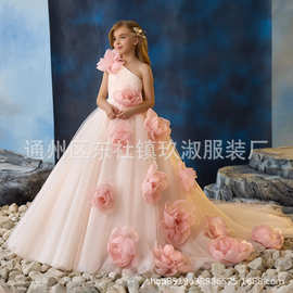 欧美花童婚纱拖尾定制长袖贴画拖尾晚宴聚会演出蓬蓬裙闪亮哇哦定