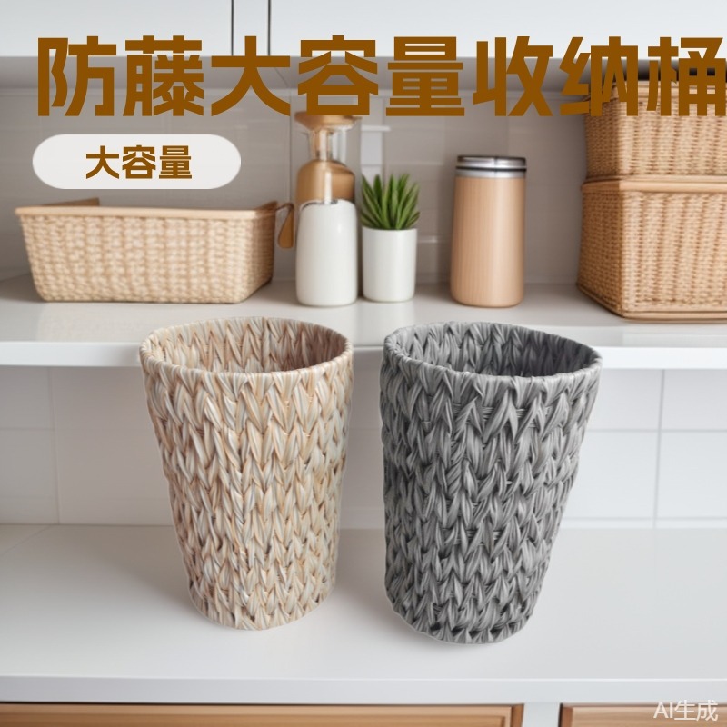 创意桌面大容量收纳手工收纳桶圆形垃圾桶家用厨房马桶客厅防藤