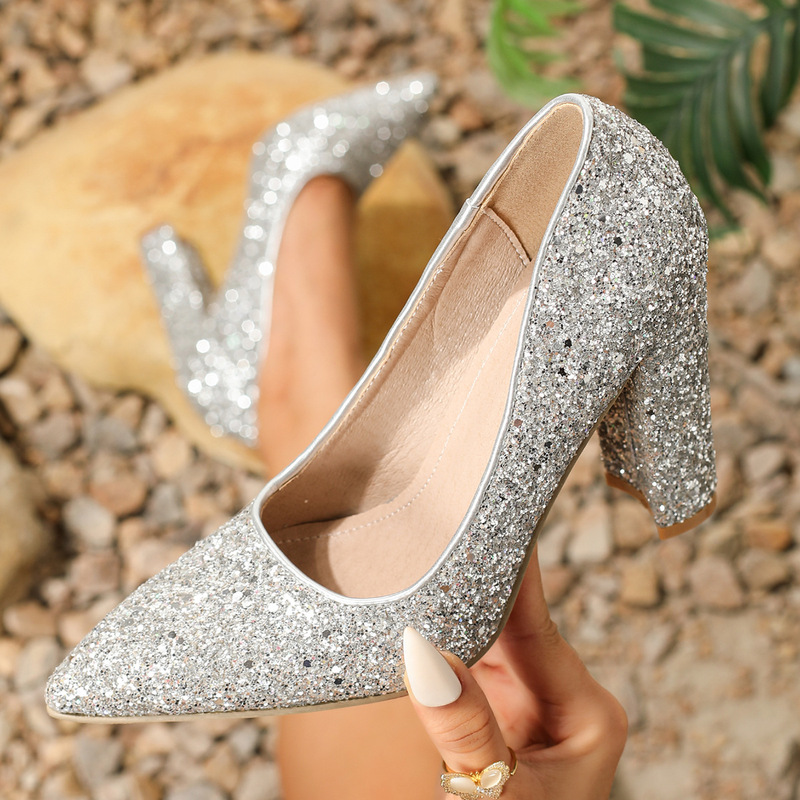 Sequined high heel shoes thick heel pointed all-match European and American style comfortable not tired feet cross-border shallow mouth shiny fashion shoes