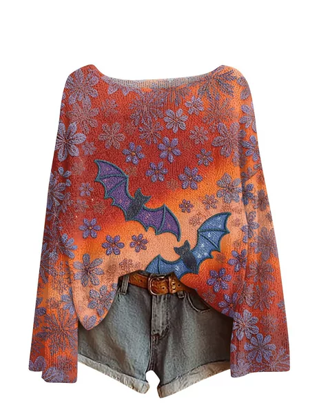 2025 Spring and Autumn Round Neck Drop Shoulder Halloween Casual Loose European and American Women's Tops