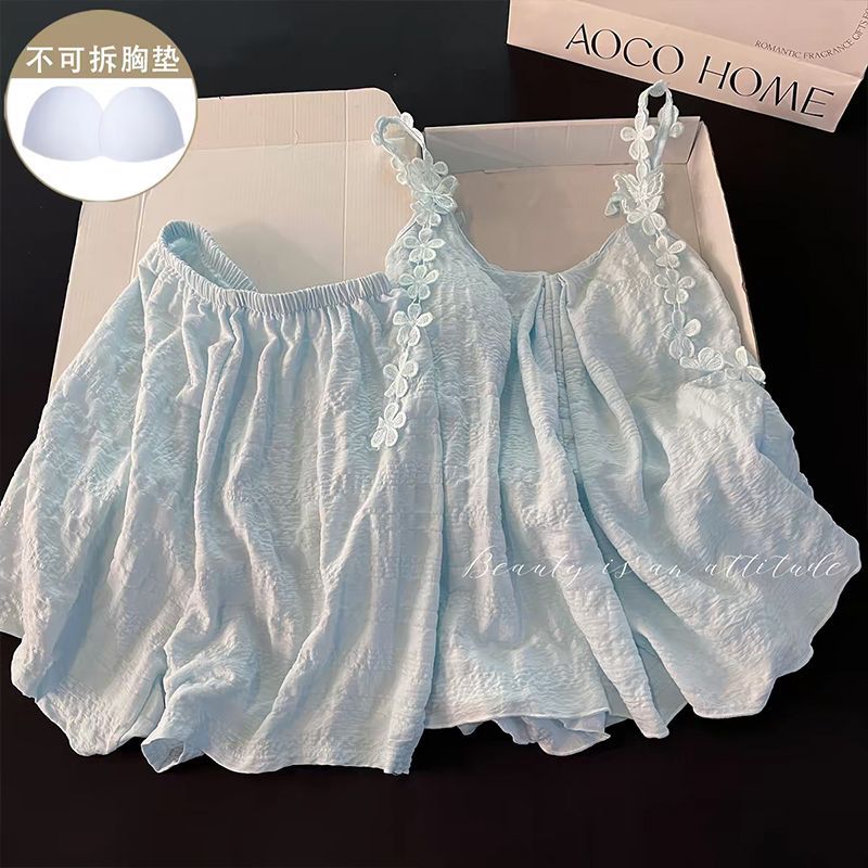 Pijama con cojín de pecho para mujeres verano nuevo azul nubes algodón jacquard cabina pantalones cortos de viento dulce ropa de casa dos piezas
