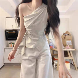 韩系不规则斜肩条纹衬衫女夏2025新款设计感小众独特绝美无袖上衣