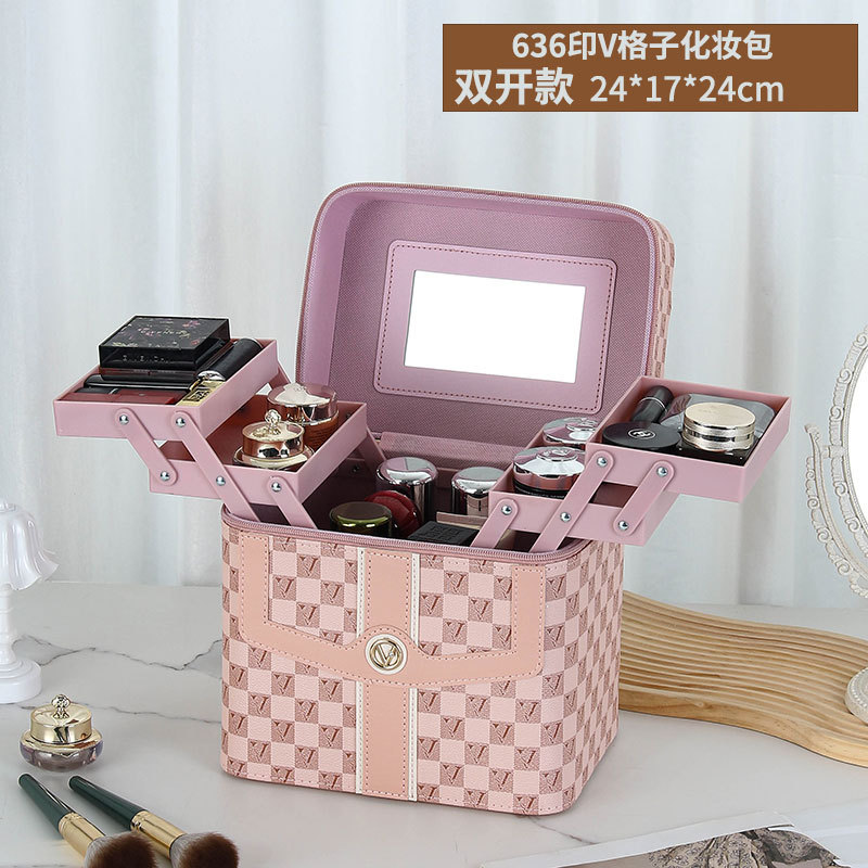 Caja de cosméticos a cuadros en forma de V transfronteriza, bolsa de almacenamiento para el cuidado de la piel portátil, caja de herramientas grande multifuncional portátil de alta gama para mujer