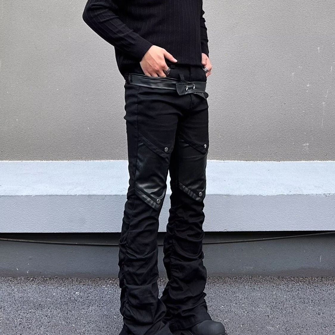 Men's Retro Washed Distressed Cleanfit Jeans Slightly Flared Slimming Black High Street Style American Vibe Curved Pants_mkmklike.com