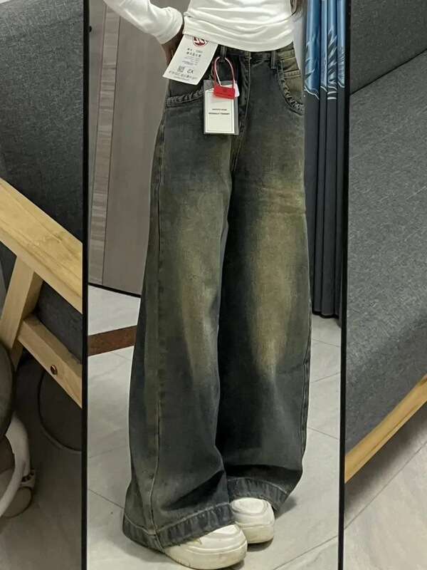 复古做旧阔腿牛仔裤女夏季新款高腰宽松显瘦垂感百搭拖地直筒长裤|undefined