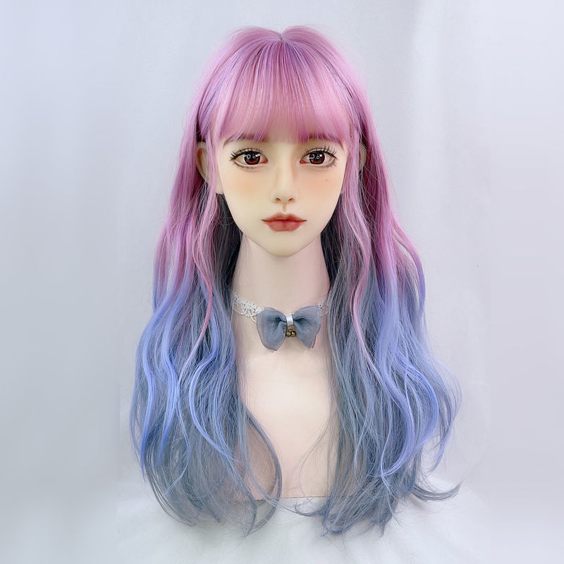 Wig Set French Long Curly Hair Women's Unicorn Starry Sky Purple Pink Blue Spotted Color Gradient Lolita Full Head Cover