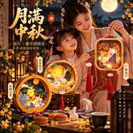 2026中秋节灯笼手工diy发光彩绘宫灯摆件木质醒狮手提花灯材料包