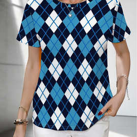 蓝白藏青菱格格纹印花圆领短袖 T 恤女柔软透气简约百搭休闲