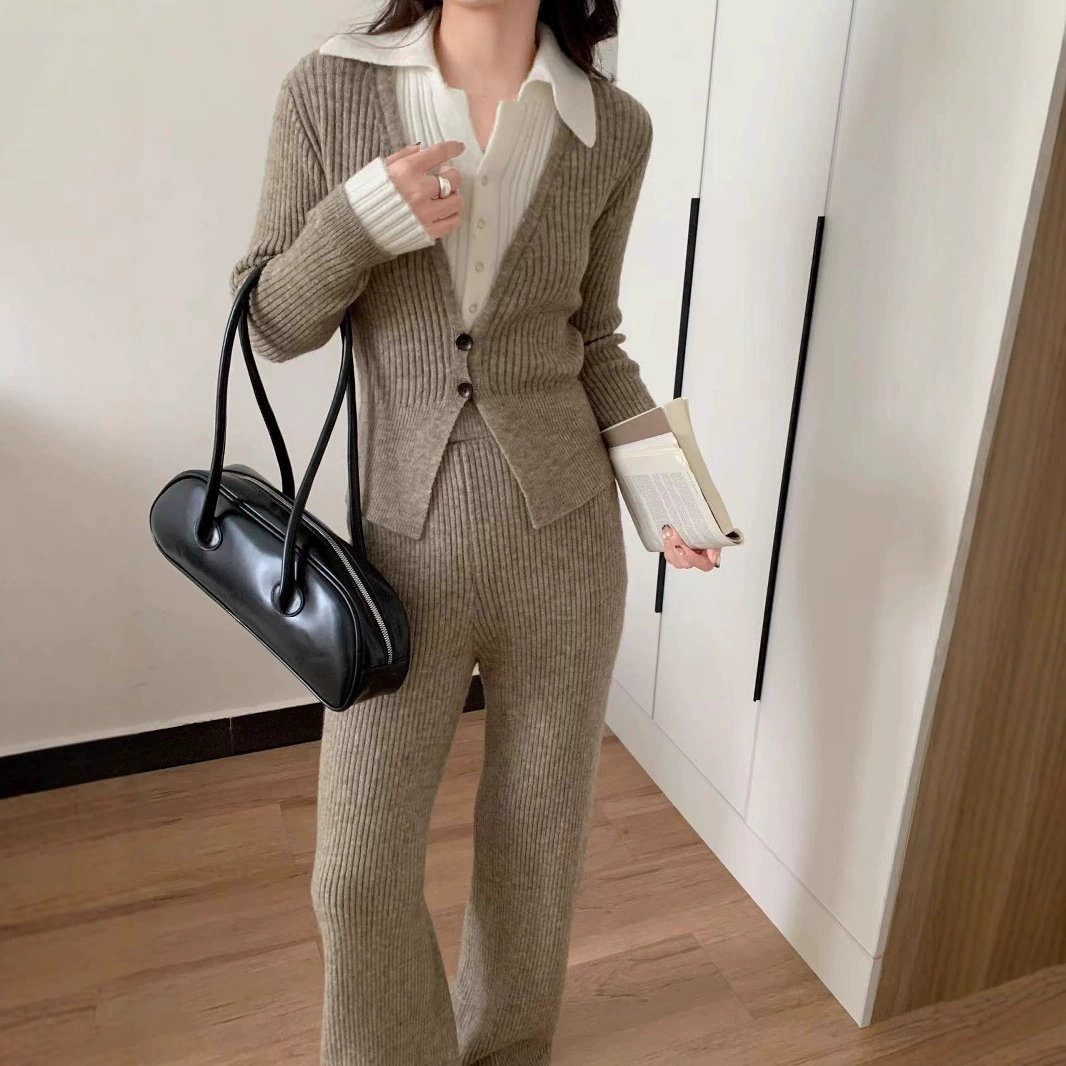 Женский вязаный костюм из двух частей с длинными рукавами, осенне-зимний новый стильный свитер для похудения талии, широкие брюки с высокой талией, комплект из двух предметов