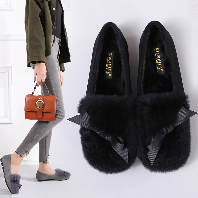 Estilo coreano de terciopelo de algodón bombas mocasines 2023 Otoño e Invierno Nuevos zapatos de felpa de las mujeres ropa exterior perezoso slip-on zapatos planos