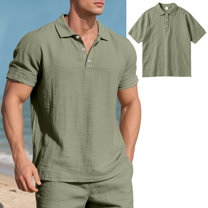 Transfronterizo europeo y americano verano hombres estilo británico tendencia suelta lino transpirable casual solapa hebilla camisa POLO manga corta