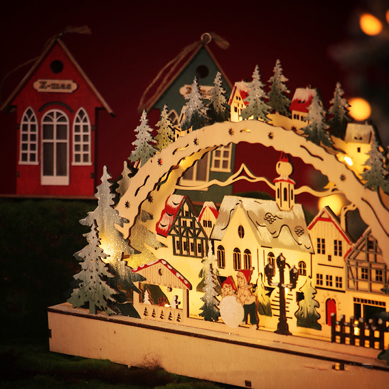 Wooden Christmas Led Bridge Light Ornaments, Scene Decorations, Home Semi-Circular Creative Ornaments, Atmosphere Lights, Wood Crafts