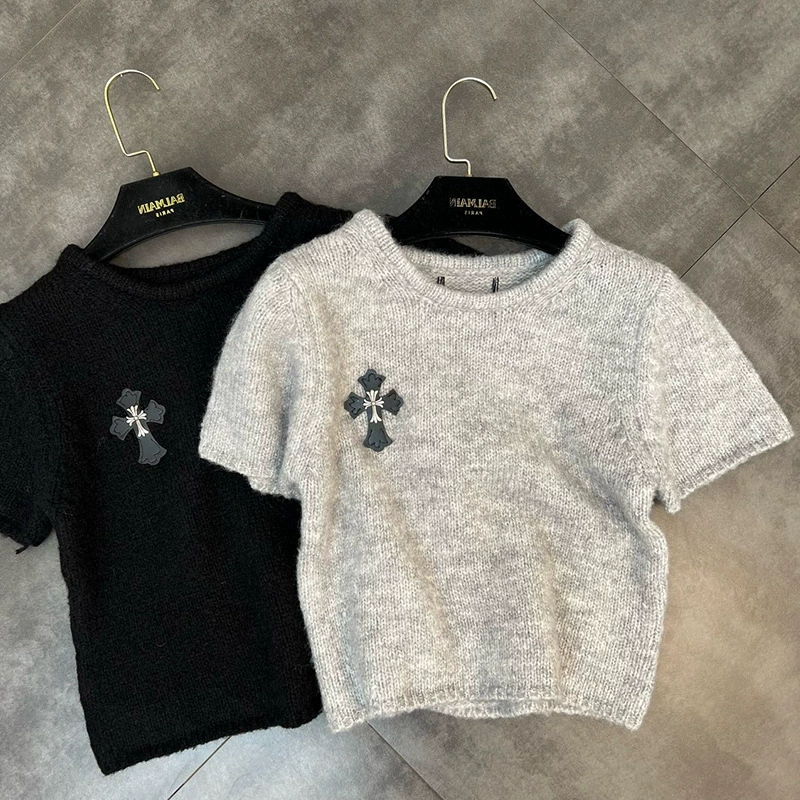 0140 Серый перекрестный свитер с короткими рукавами Женский Весенний новый дизайн Sense Niche ins Tide Горячий топ для девочек