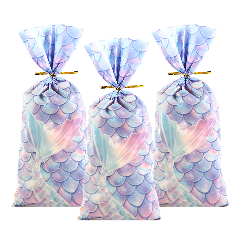 Sirena escala patrón fiesta caramelo bolsa de cordón copo de nieve crujiente bolsa de embalaje corbata bolsa de regalo OPP transparente bolsillo plano