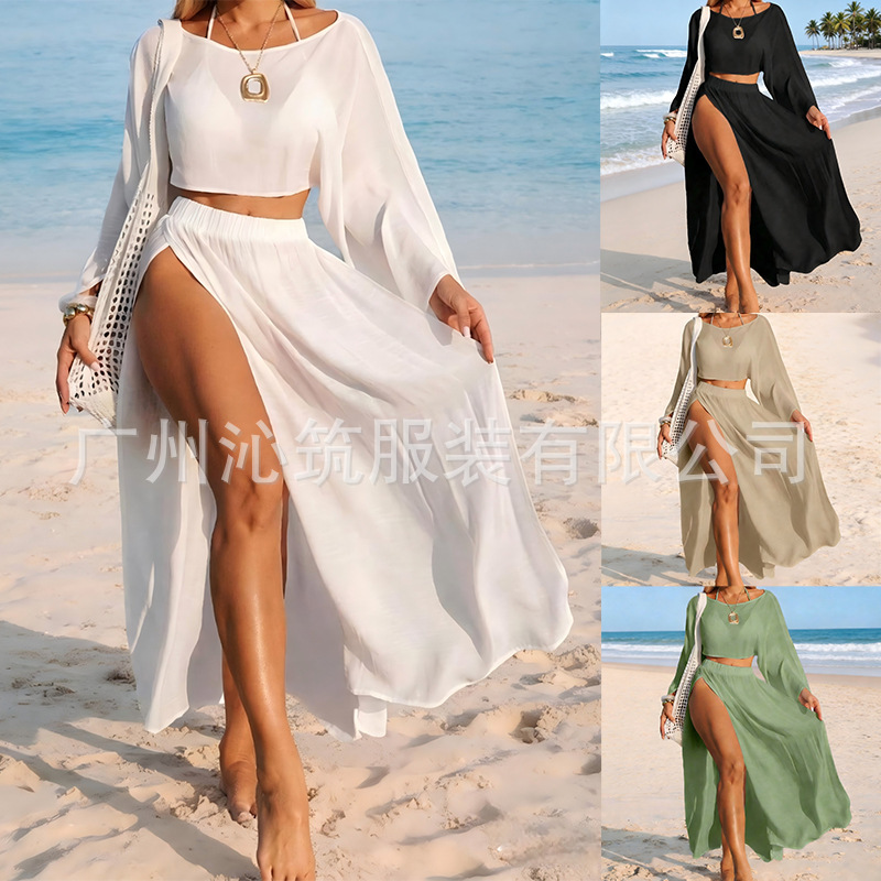 European and American New Cross-Border Short Waist-Exposing Top Beach Cover-Up Sexy Bikini Slit Swimsuit Cover-Up Skirt Set for Women