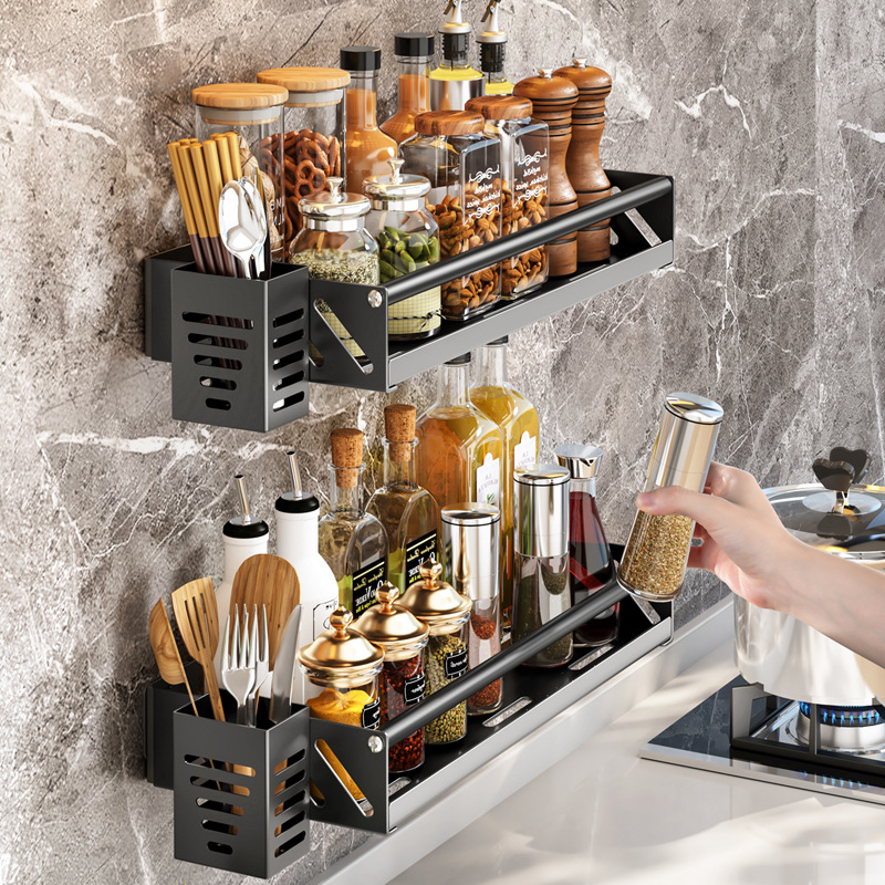 Support de cuisine en acier inoxydable, support mural anti-perforation, fournitures d'assaisonnement ménagères, support de rangement pour pots d'huile et de sel_voghion.com